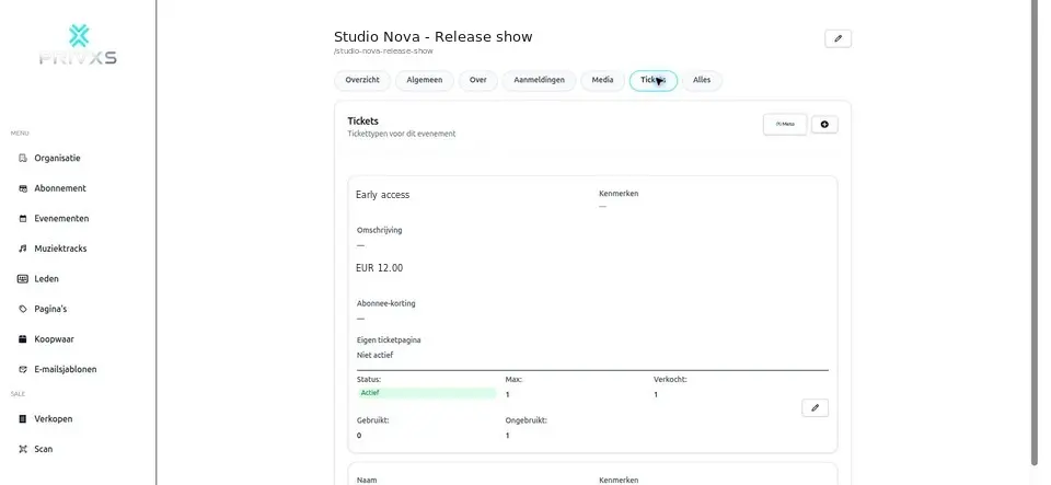 Geanonimiseerde screenshot van ticketbeheer in het huidige PrivXS-beheerportaal